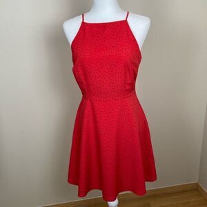Red Black Polka Dot‎ Fit and Flare Mini Dress High Neck Sleeveless Summer A-Line